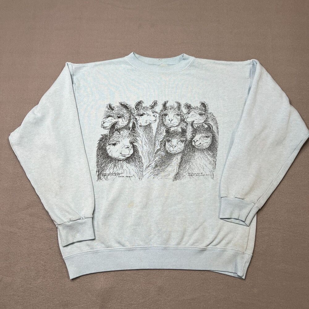 Vintage 80s Alpaca Sweatshirt Men's Large Blue Cottont Crewneck Pullover